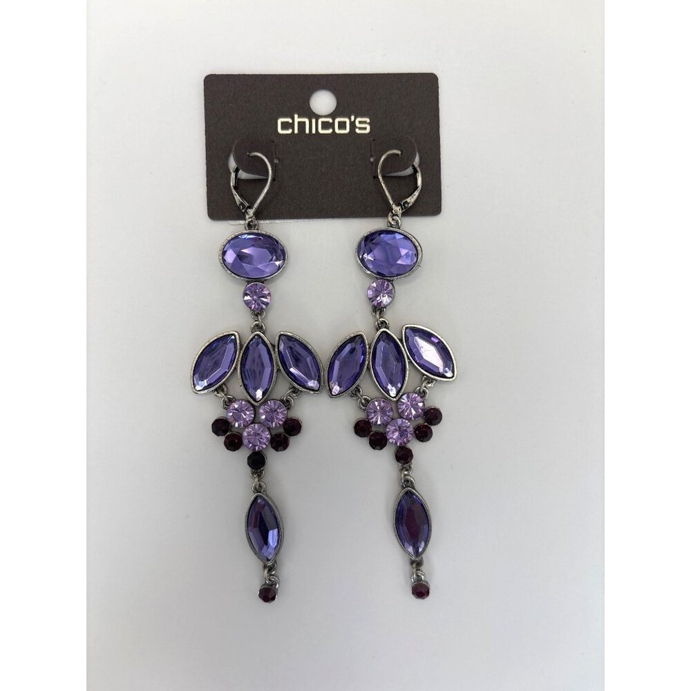 Chico's Purple Multi Stone Rhinestone Dangle Drop Statement Earrings NEW